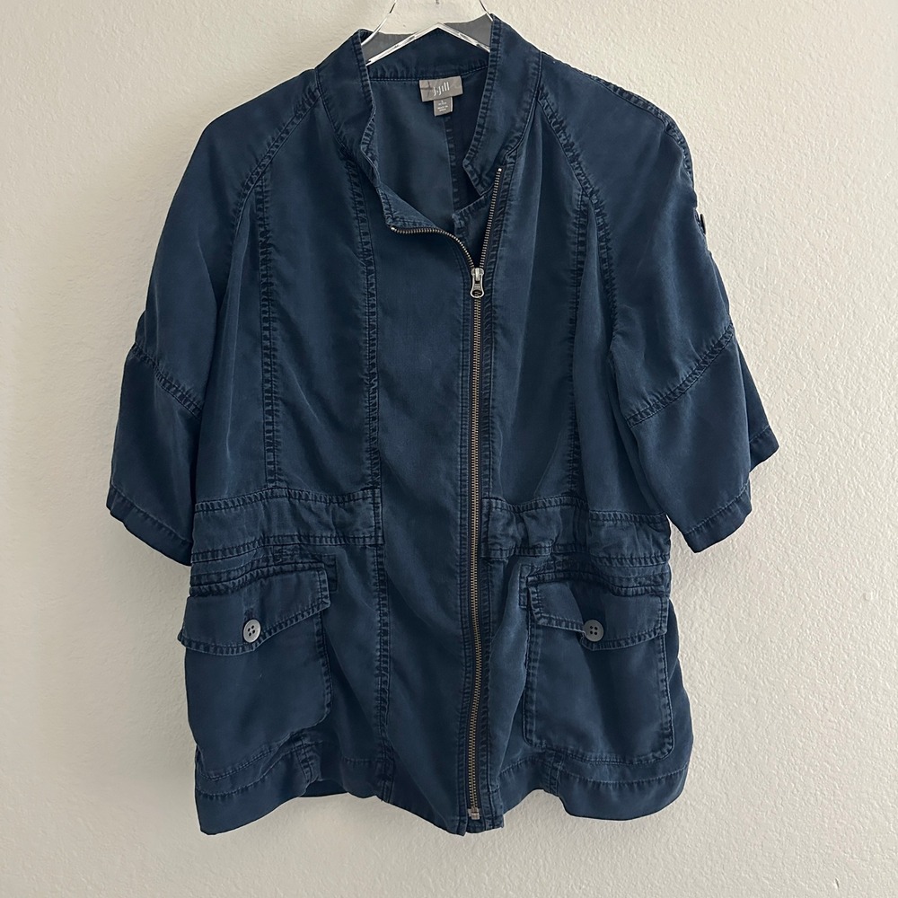 J. Jill Utility Jacket Womens L Petite Navy Blue Tencel Full Zip Cargo Pocket
